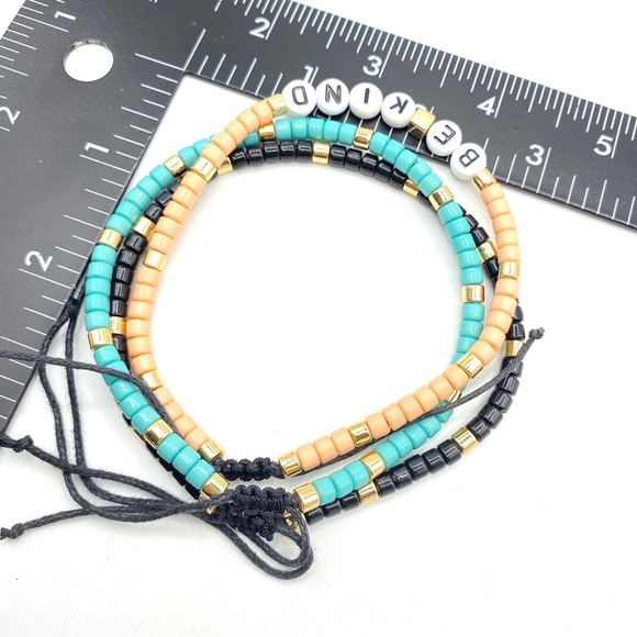 PLUNDER Bead Anklets/Bracelets Set Of 3 "Be Kind" Gold Black Turquoise Macrame - Picture 3 of 4